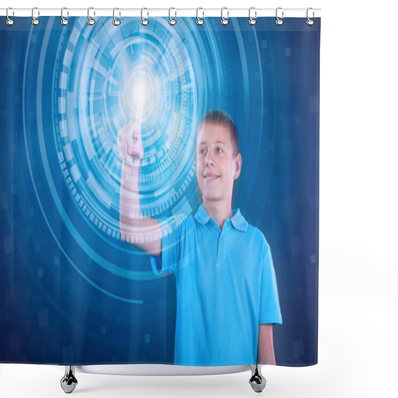 Personality  Young Happy Boy Working With Digital Virtual Screen Shower Curtains