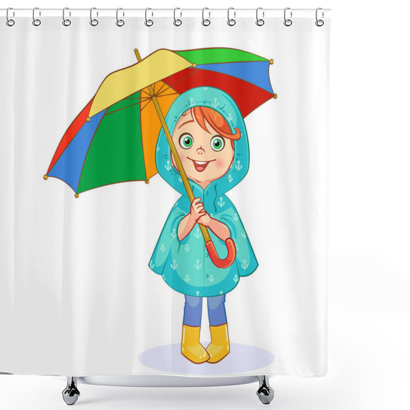 Personality  A Cute Child Hides From The Rain Under A Large Rainbow Umbrella. Vector Cartoon Art On A White Background. Shower Curtains