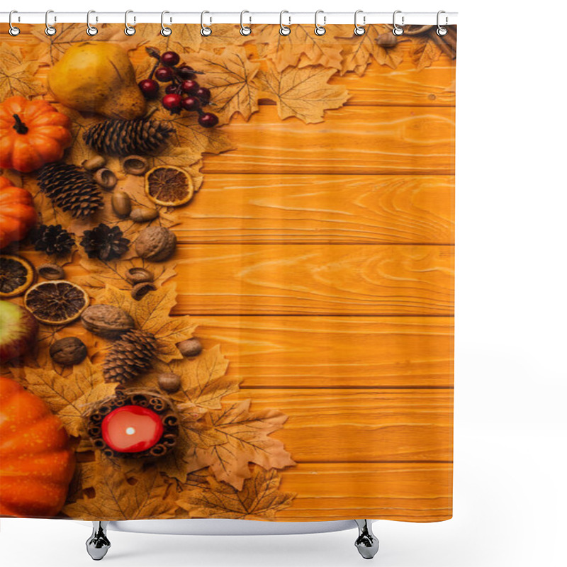 Personality  Top View Of Burning Candle With Autumnal Decoration On Wooden Background Shower Curtains