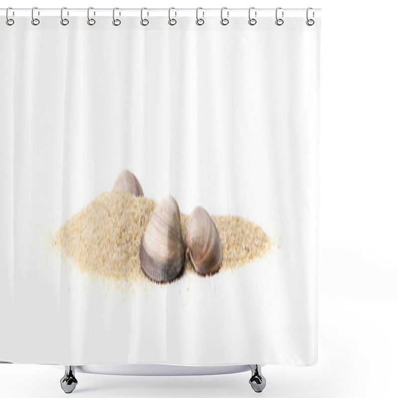 Personality  Shells In Sand Pile Isolated. Seashell On Sandy Beach, Ocean Dune Clams, Summer Seashore Conches On White Background, Vacation Concept Shower Curtains