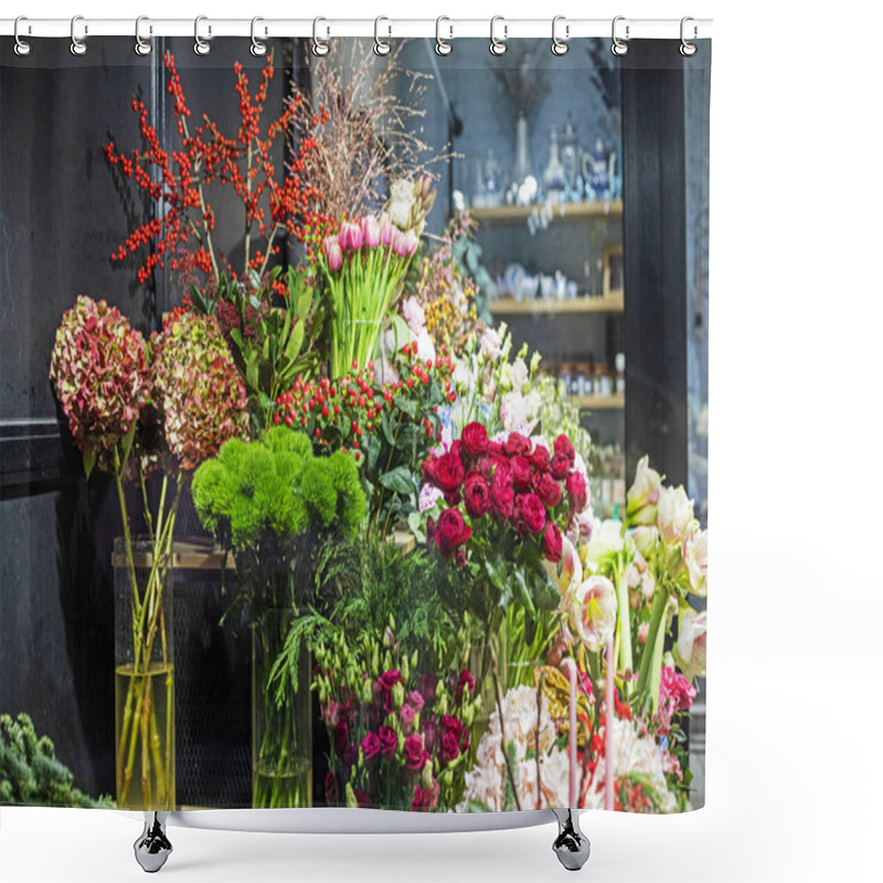 Personality  Bouquets Of Fresh Flowers In A Flower Shop. Preparation For A Wedding And Parties Shower Curtains