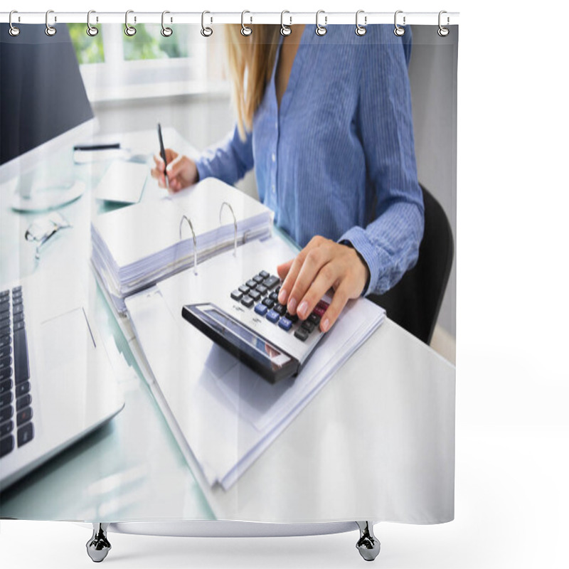 Personality  Close-up Of A Businesswoman's Hand Calculating Invoice Over Desk In Office Shower Curtains