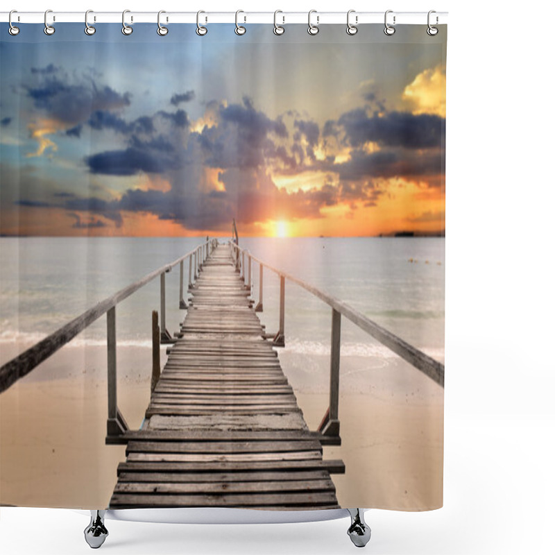 Personality  Sea Wooden Bridge In The Morning Shower Curtains