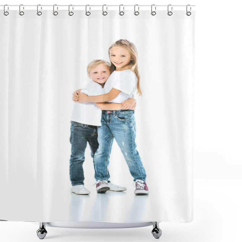 Personality  Happy Kid Hugging Cheerful Brother While Standing On White Shower Curtains