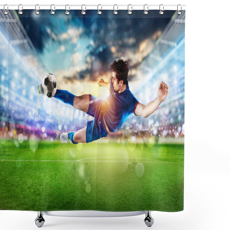 Personality  Football Scene At Night Match With Player Kicking The Ball With Power. Shower Curtains