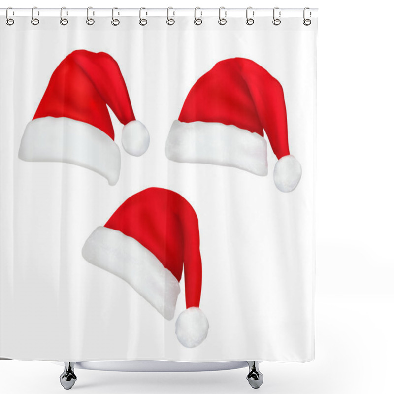 Personality  Collection Of Red Santa Hats With And Christmas Holly. Vector. Shower Curtains