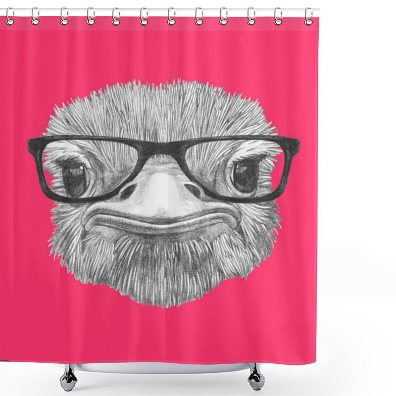 Personality  Funny Sketch Portrait Of Ostrich In Hipster Glasses On Pink Shower Curtains