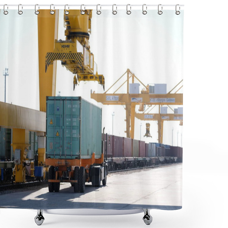 Personality  Khorgos / Kazakhstan - 10.06.2018 : Unloading Containers At The Logistics Center. Machines And Cranes Drag Metal Boxes. Shower Curtains