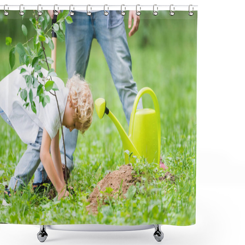 Personality  Son Planting Seedling In Ground Near Father In Park Shower Curtains