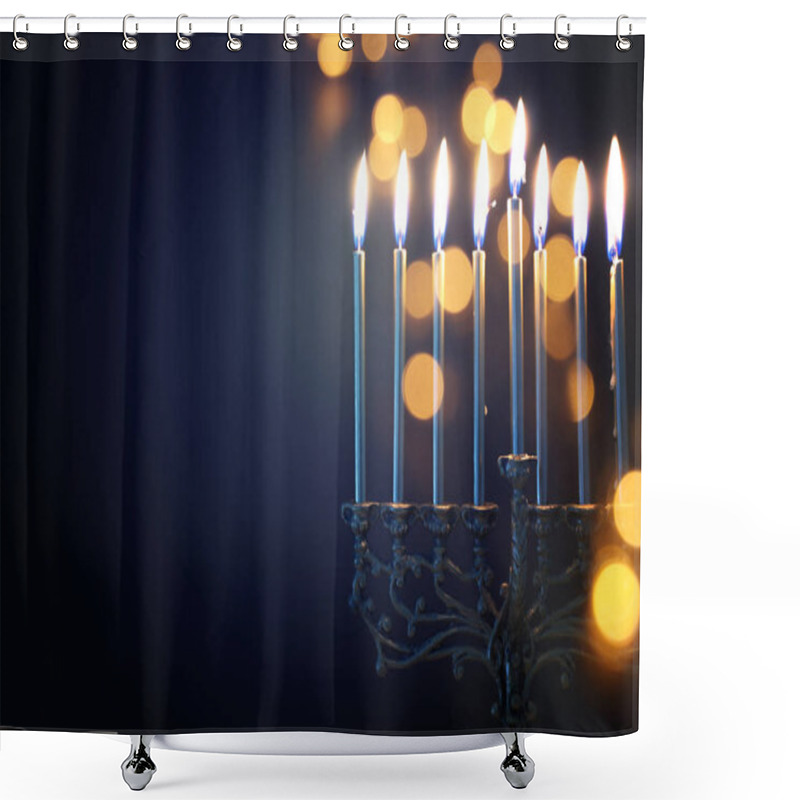 Personality  Religion Image Of Jewish Holiday Hanukkah Background With Menorah (traditional Candelabra) And Candles Shower Curtains