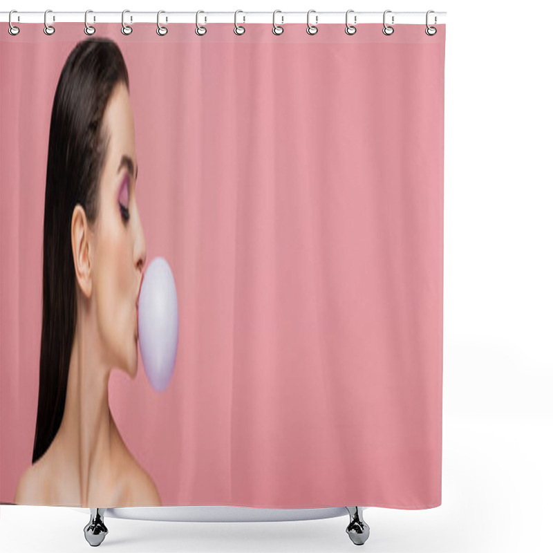 Personality  Side View Of Brunette Woman With Bare Shoulders Blowing Bubblegum Isolated On Pink, Banner Shower Curtains