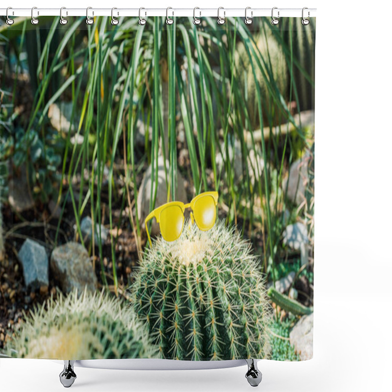 Personality  Beautiful Green Cactus With Bright Yellow Sunglasses In Greenhouse Shower Curtains