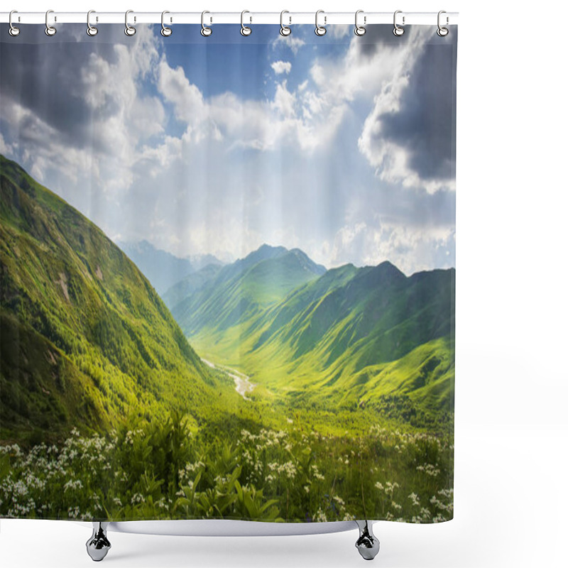 Personality  Mountains Ranges. Mountain Landscape In Svaneti, Georgia. Beautiful View On Grassy Hills And Highlands On Summer Sunny Day With Cloudy Sky. Scenery Mountains Nature. Shower Curtains