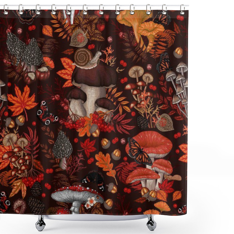 Personality   Seamless Pattern With Mushrooms, Plants, Insects, Berries. Fly Agaric, Chanterelles, White Mushroom, Honey Agaric, Boletus, Morel, Russula, Snail, Strawberry, Fern, Butterflies Shower Curtains