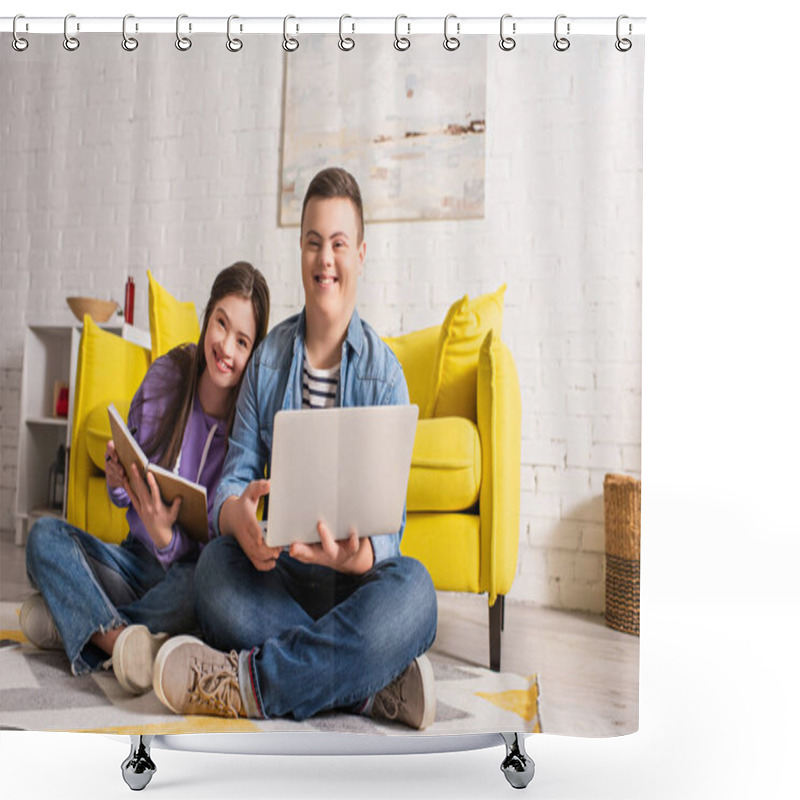 Personality  Positive Teenagers With Down Syndrome Holding Laptop And Notebook On Floor At Home  Shower Curtains