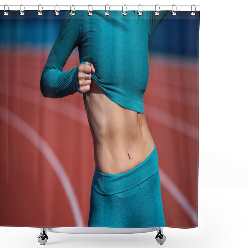 Personality  Cropped Sexy Abd Of Woman Athlete In Sportswear Has Fit Belly On Stadium, Copy Space, Dieting Shower Curtains