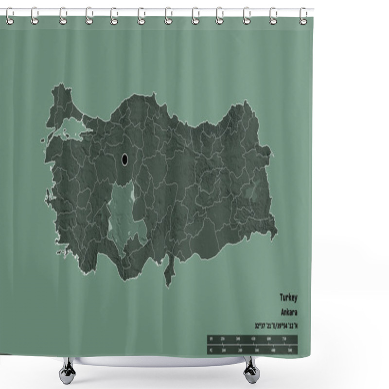 Personality  Desaturated Shape Of Turkey With Its Capital, Main Regional Division And The Separated Konya Area. Labels. Colored Elevation Map. 3D Rendering Shower Curtains