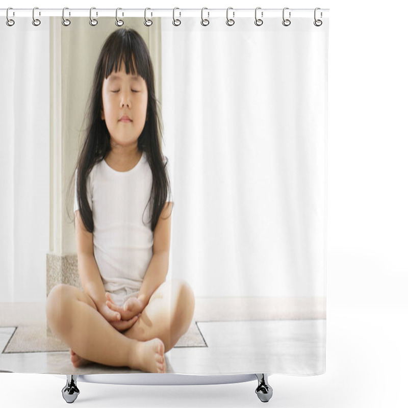 Personality  Asian Children Cute Or Kid Girl Sit For Meditation With Mind Peace Or Quiet And Relax In Pavilion At Temple Or Church And Wearing White Dress With Sunlight On White Background With Space Shower Curtains