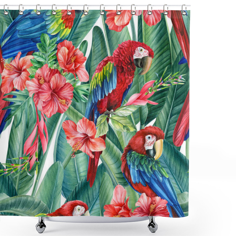 Personality  Tropical Birds Parrots, Exotic Jungle Plants Leaves, Flowers. Abstract Background. Seamless Pattern Shower Curtains