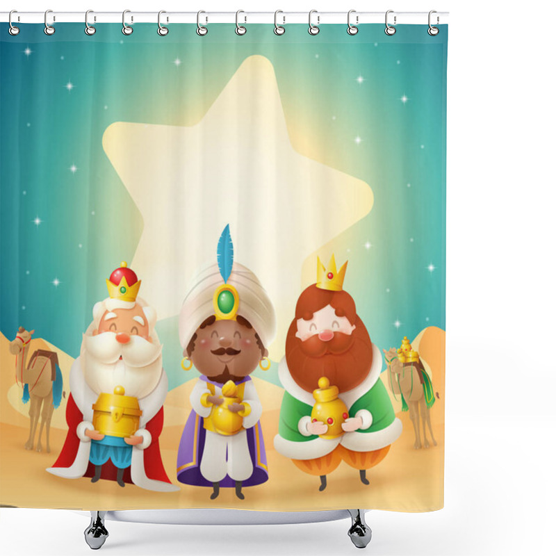 Personality  Three Wise Man With Gifts And Star Shape Lights - Celebration Epiphany - Desert Night Landscape Shower Curtains