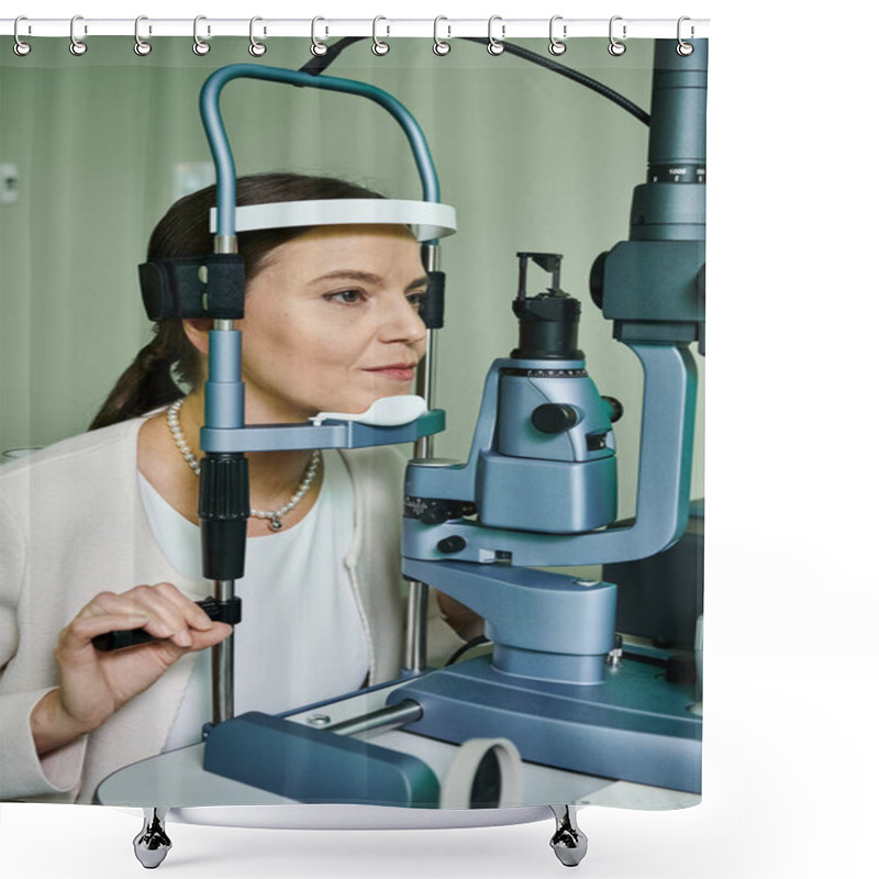 Personality  Pretty Female Patient Checking Her Vision. Shower Curtains