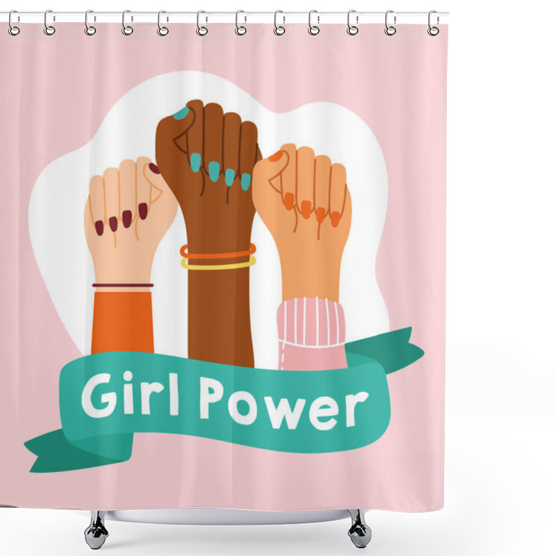 Personality  Power Girl Poster With Interracial Hands With Ribbon Shower Curtains