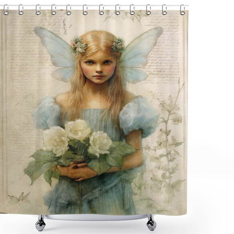 Personality  Watercolor Illustration Of A Fairy With Wings In A Blue Dress On A Vintage Background, Scrapbooking Paper Shower Curtains