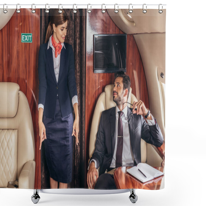 Personality  Handsome Businessman In Suit Looking At Flight Attendant In Private Plane  Shower Curtains