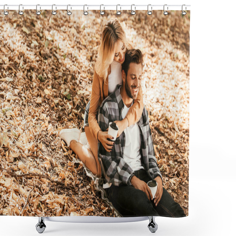 Personality  Happy Girl Embracing Cheerful Boyfriend While Sitting On Fall Foliage In Park Shower Curtains