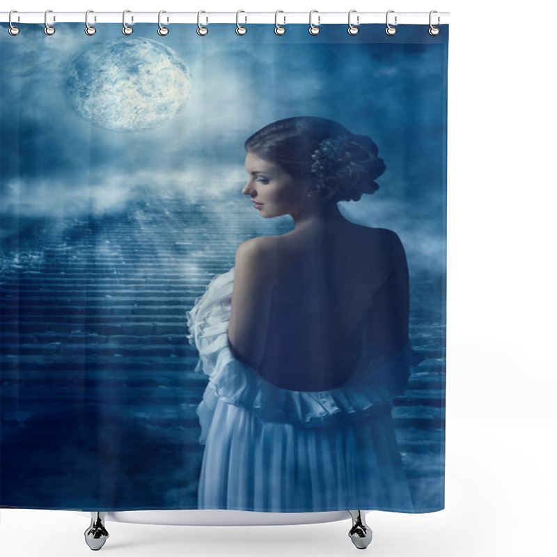 Personality  Fantasy Woman Back Rear View Portrait In Moon Light, Mystic Girl Shower Curtains