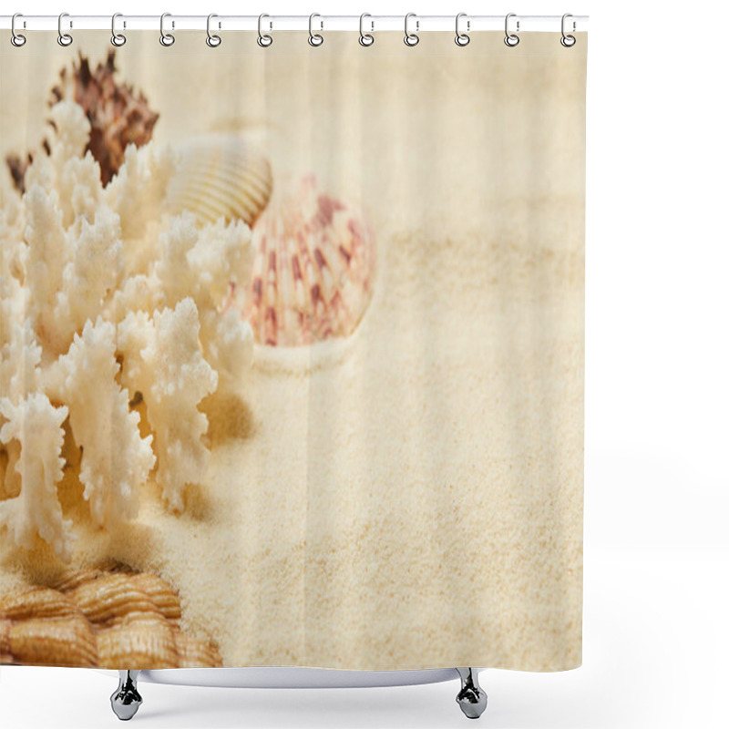 Personality  Selective Focus Of White Coral Near Seashells On Beach In Summertime  Shower Curtains