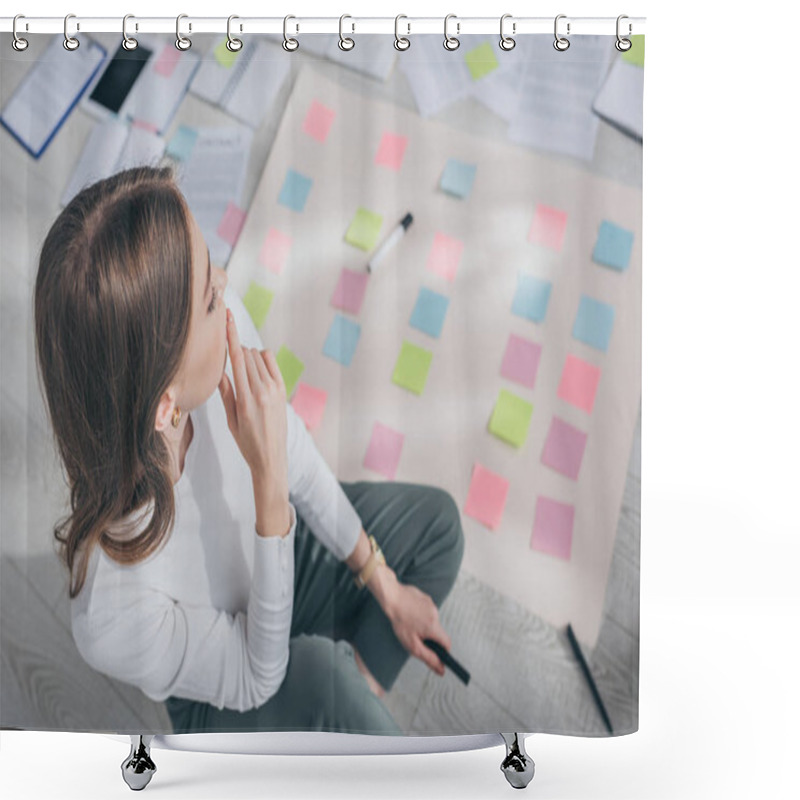 Personality  Overhead View Of Thoughtful Scrum Master Looking At Sticky Notes On Floor  Shower Curtains