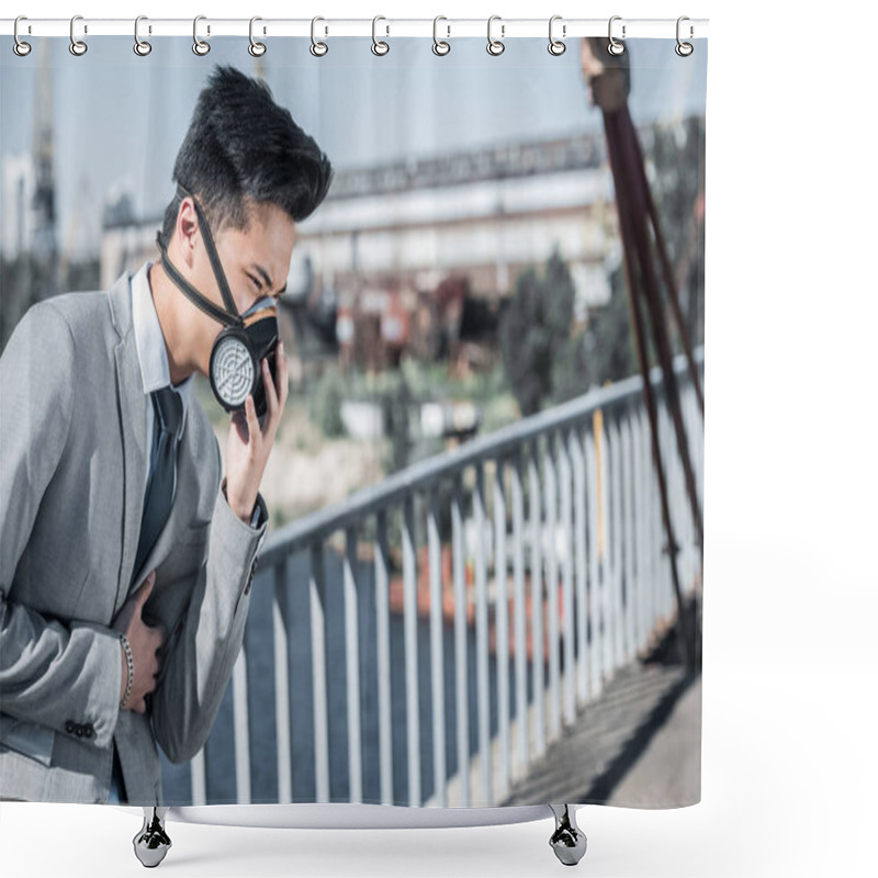 Personality  Businessman In Protective Mask Having Problem With Breathing On Bridge, Air Pollution Concept Shower Curtains