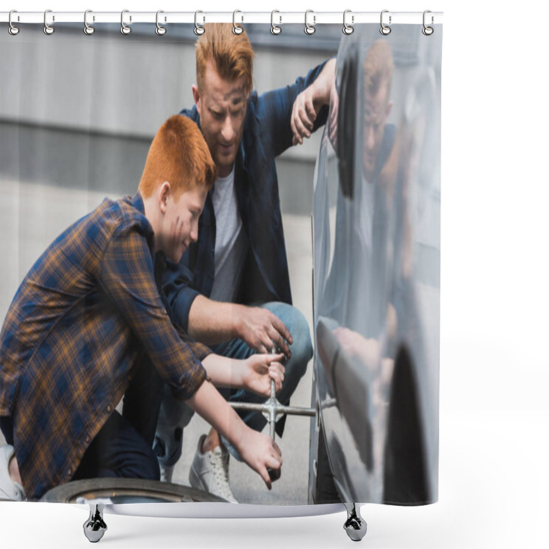 Personality  Side View Of Father And Son Changing Tire In Car With Wheel Wrench Shower Curtains