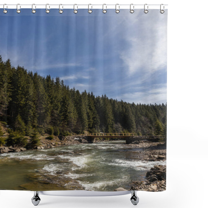 Personality  Mountain River With Bridge And Forest At Background  Shower Curtains