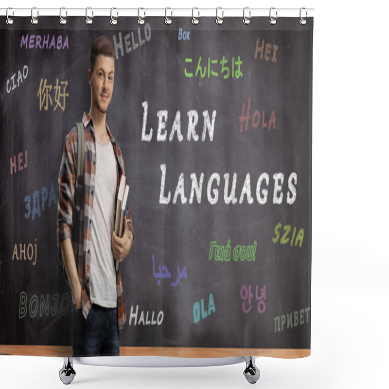 Personality  Male Student With Books Standing In Front Of A Blackboard With T Shower Curtains