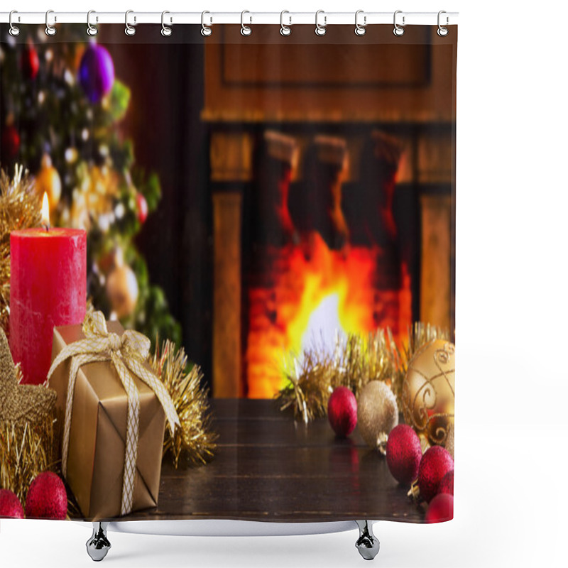 Personality  Christmas Scene With Fireplace And Christmas Tree In The Backgro Shower Curtains