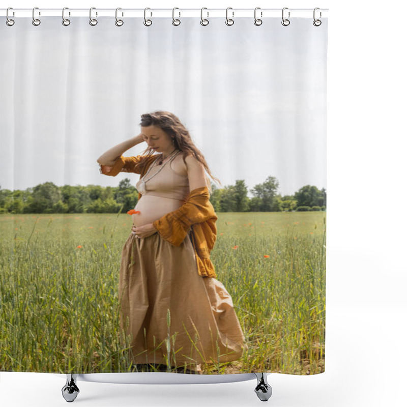 Personality  Pregnant Woman Holding Pappy Flower While Standing In Field  Shower Curtains