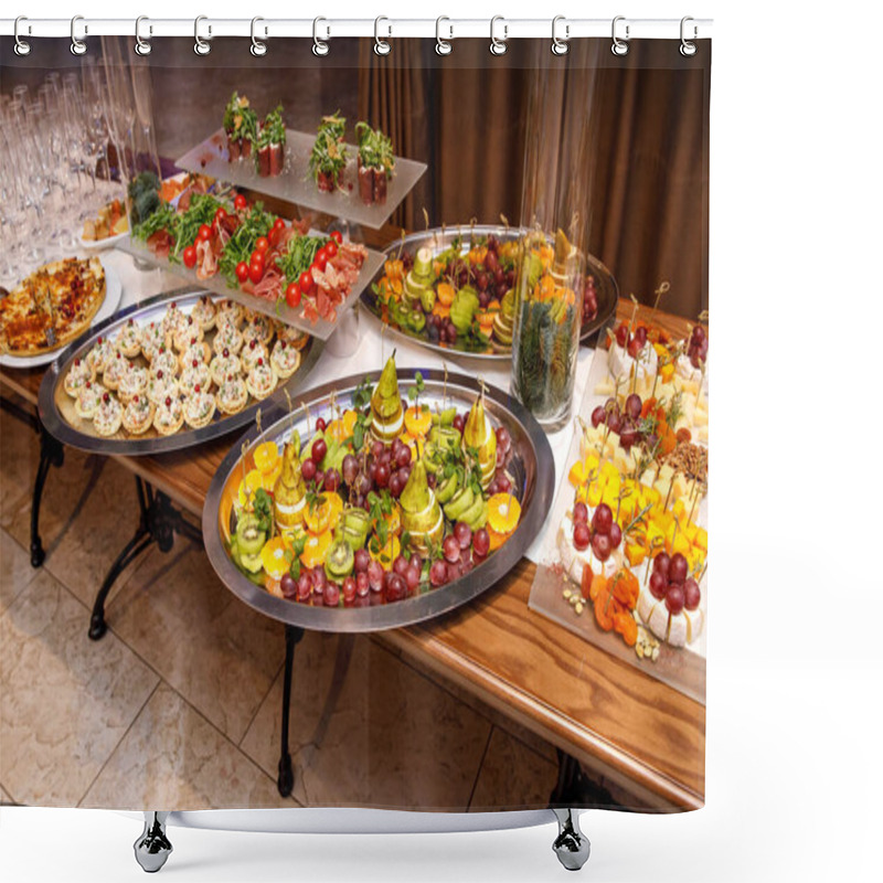 Personality  Beautifully decorated catering banquet table with different food snacks and appetizers on corporate, christmas, birthday, party, event or wedding celebration shower curtains