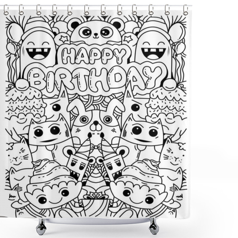 Personality  Happy Birthday Card With Cute Monsters In Doodlestyle Shower Curtains