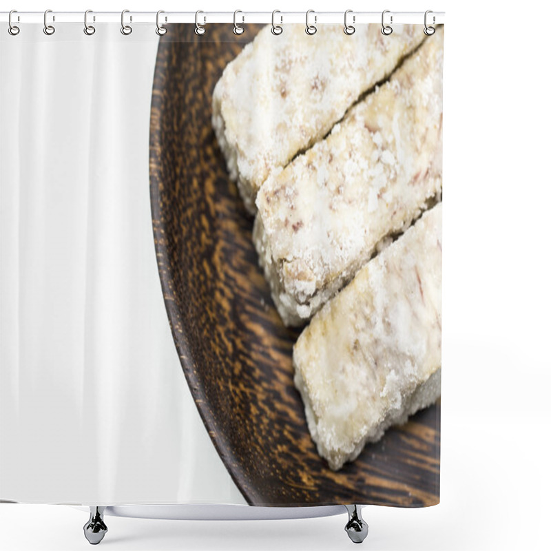 Personality  Chinese And Thai Dessert Of Sweet Taro Fried On Palm Wood Dish Shower Curtains