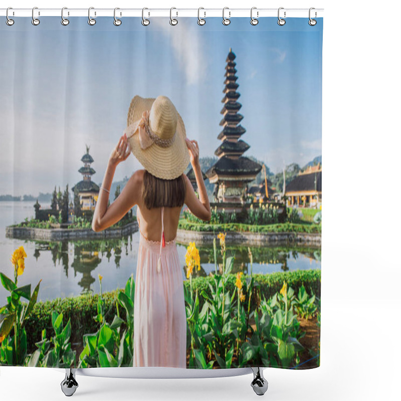 Personality  Beautiful Girl Visiting The Ulun Danu Bratan Temple In Bali. Con Shower Curtains