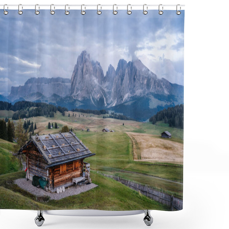 Personality  Wooden Hut In Alpe Di Siusi, Dolomites, Italian Alps. Europe. Shower Curtains