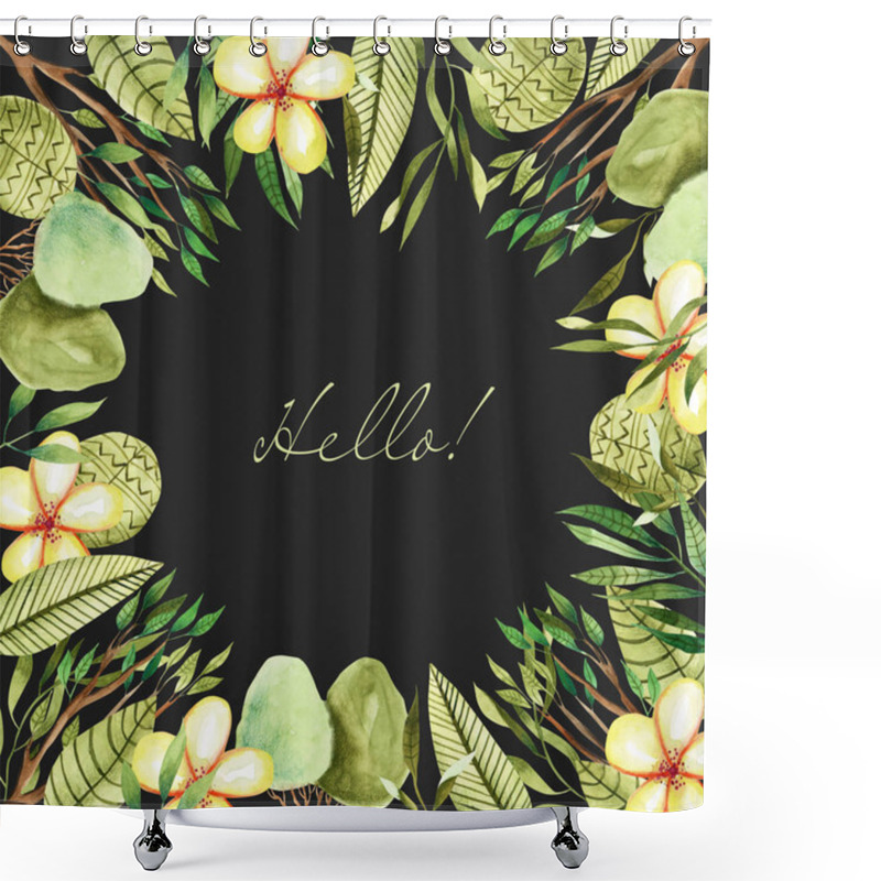 Personality  Watercolor Tropical Plants And Flowers Frame Border, Card Template, Hand Painted On A Dark Background Shower Curtains