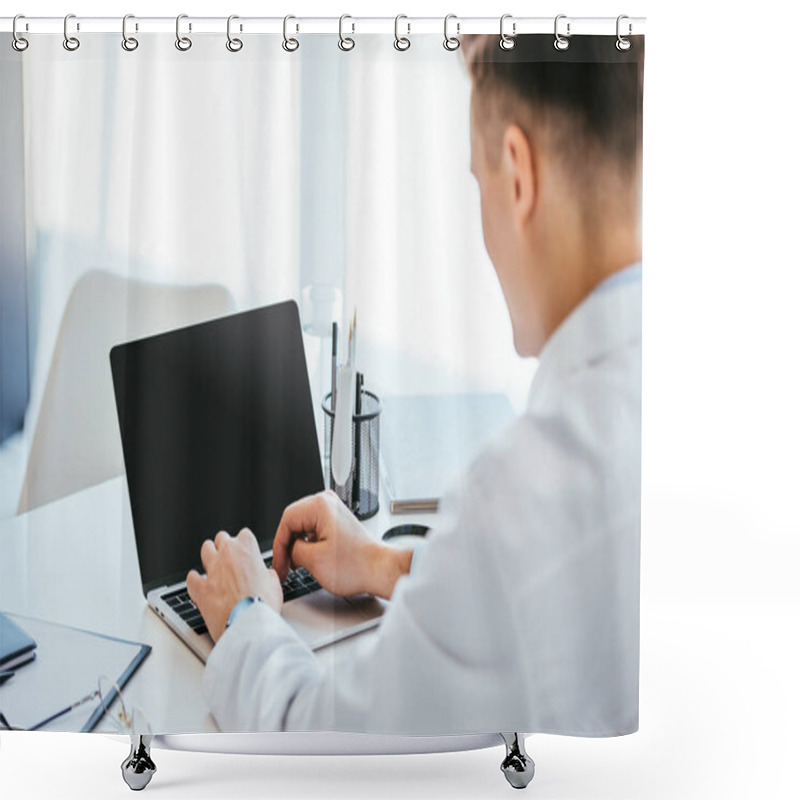 Personality  Selective Focus Of Doctor Using Laptop With Blank Screen  Shower Curtains