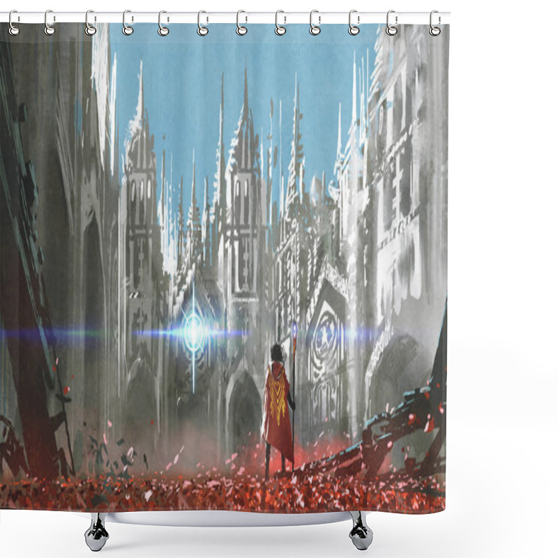 Personality  The Knight Looking At Mysterious Light In Gothic Buildings, Digital Art Style, Illustration Painting Shower Curtains