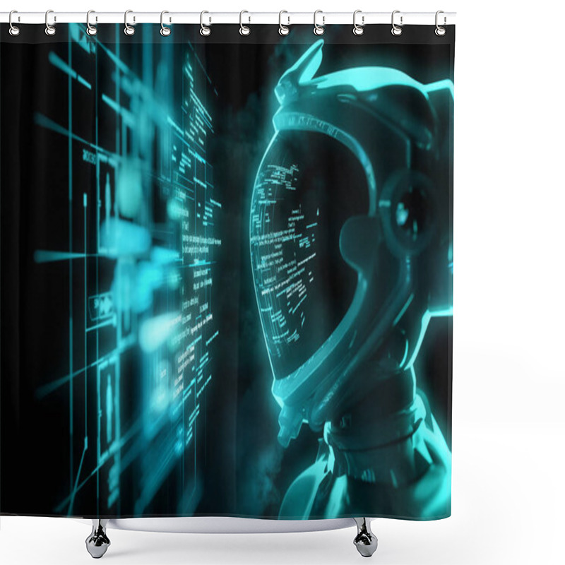 Personality  A Futuristic Spaceman Reading Programming Code With It Being Reflected Over His Space Helmet. Future Concept. 3D Illustration Shower Curtains