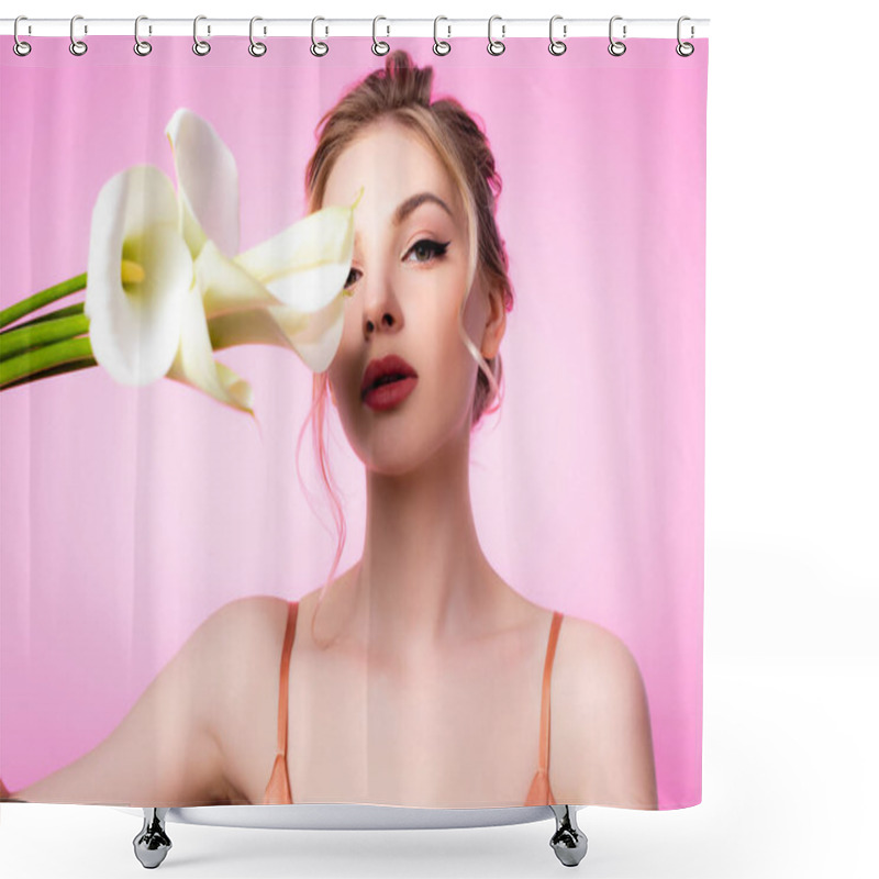 Personality  Elegant Beautiful Blonde Woman Holding Calla Flowers Isolated On Pink Shower Curtains