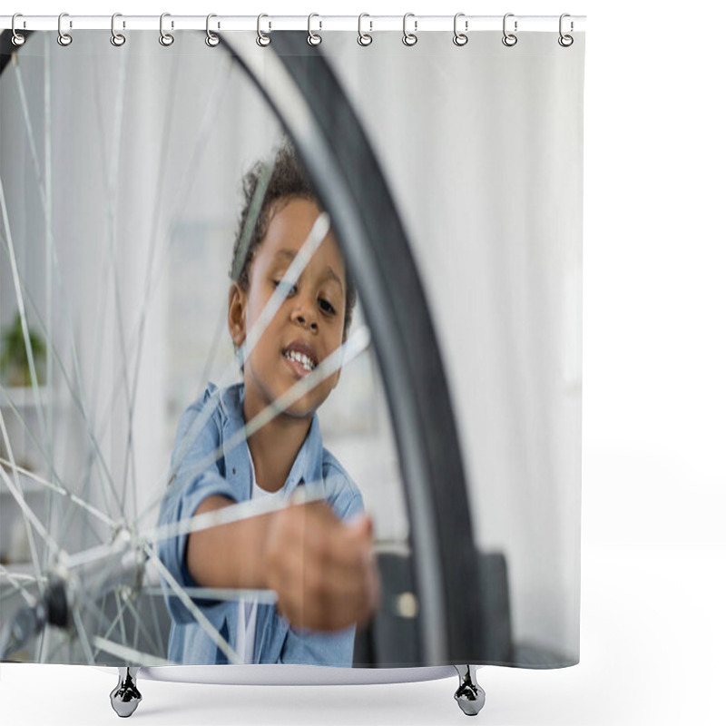 Personality  Happy African Boy Repairing Bicycle Shower Curtains