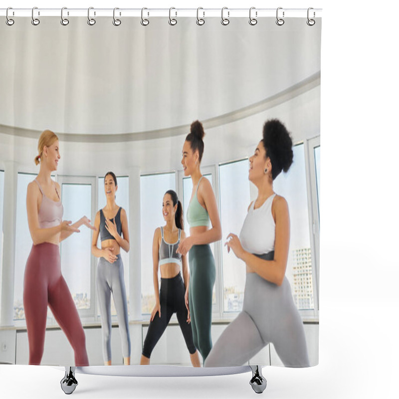 Personality  Group Of Cheerful Diverse Women In Leggings And Crop Tops Practicing Pilates Together With Trainer Shower Curtains